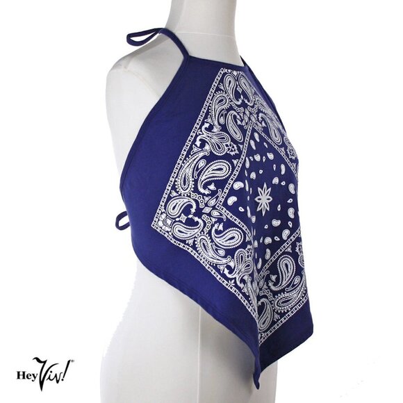 Blue Bandana Print Cotton Halter Top - Retro Style - Size Large - Picture 2 of 5